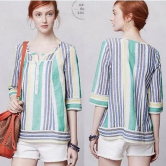 Anthropologie Mermaid Beach Tunic Top Striped Cotton Linen Blend Size Small - Picture 2 of 7